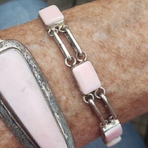 Vintage Sterling Silver Link  Pink Ceramic Tile Bracelet 7.5"